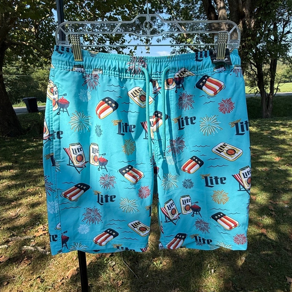 Valor Collective Miller Lite Patriot 8" Swim Shorts Teal Mens Small NWT Resort